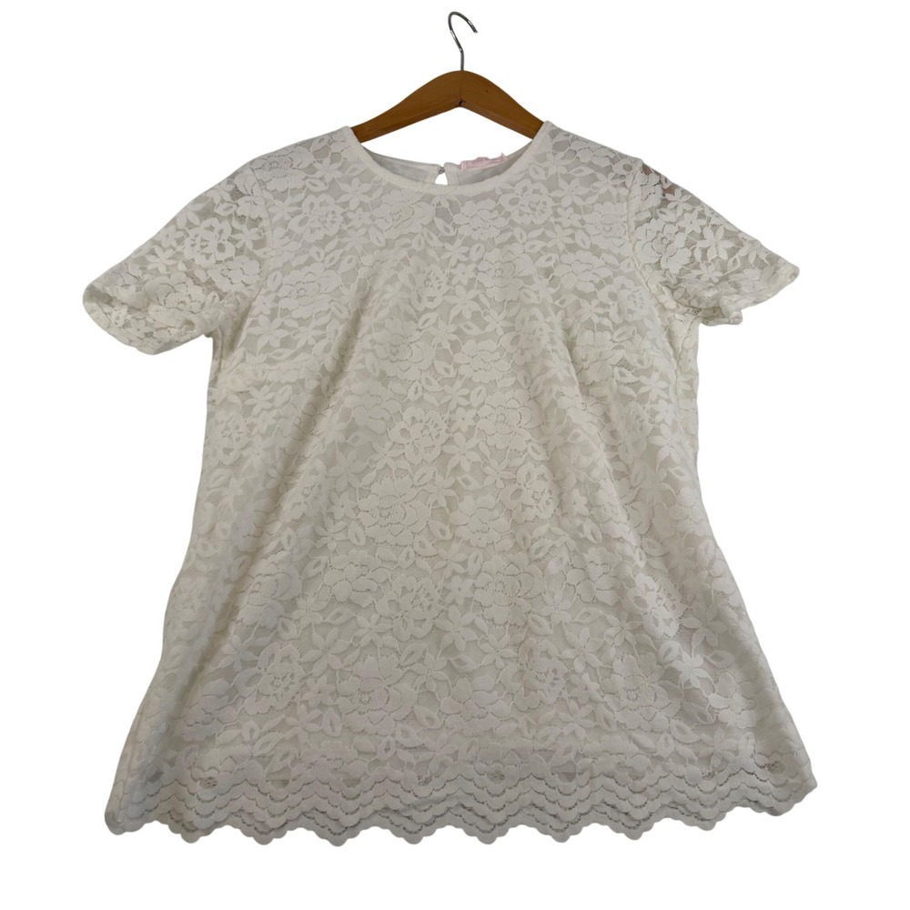 Teddi Rose Women White Floral Lace Short Sleeve Scalloped Hem Blouse Size M NWT